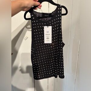 AKIRA Black Embellished Rhinestone Mesh Tank Top